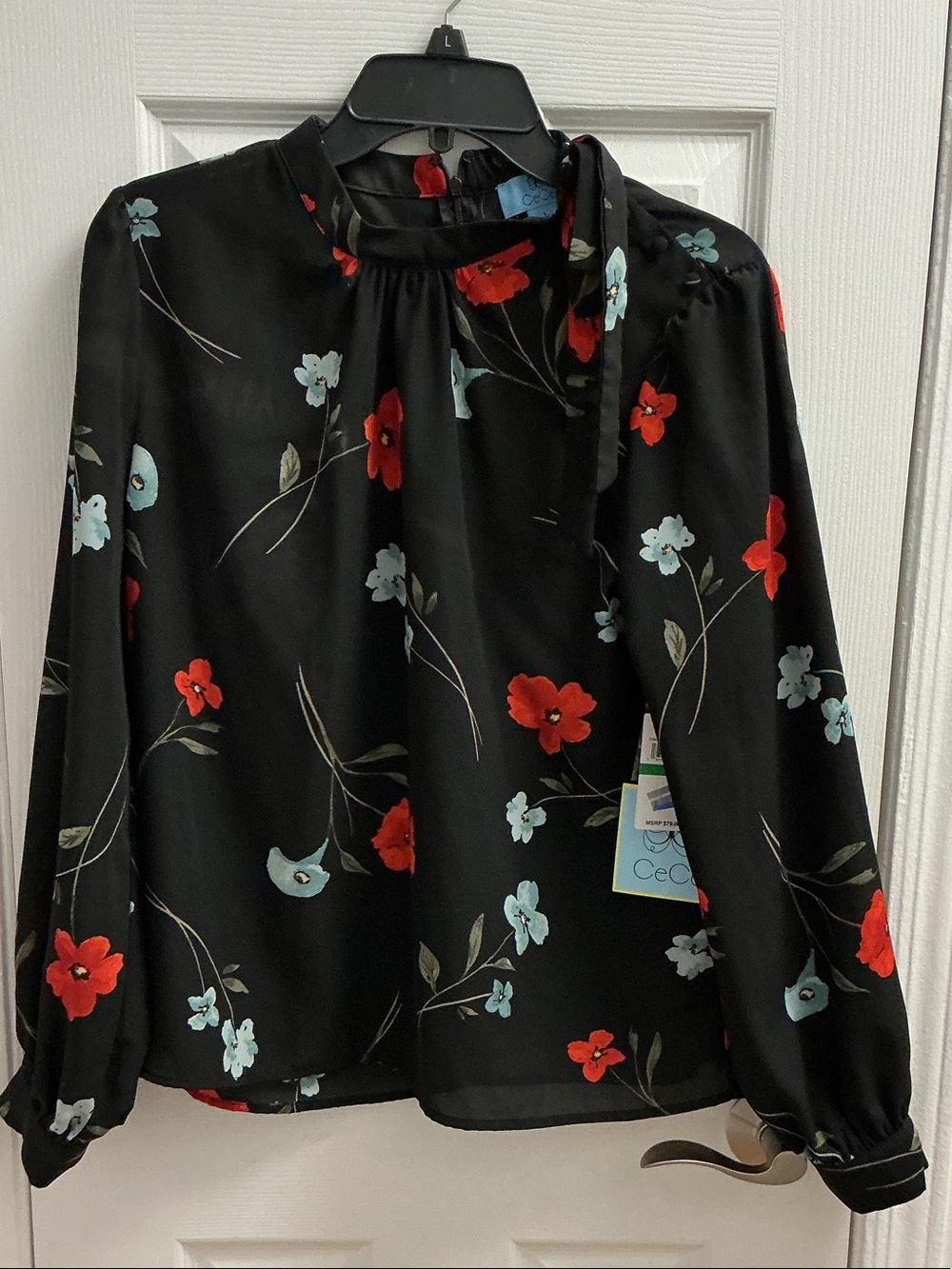 CeCe Black Floral Tie-Neck Blouse with Red & Light Blue Flowers